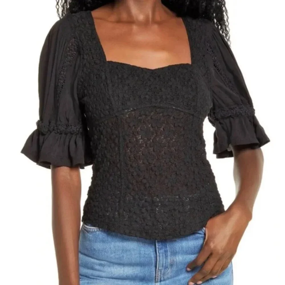 free people spring fling black blouse peasant puff sleeve sweetheart neck lace